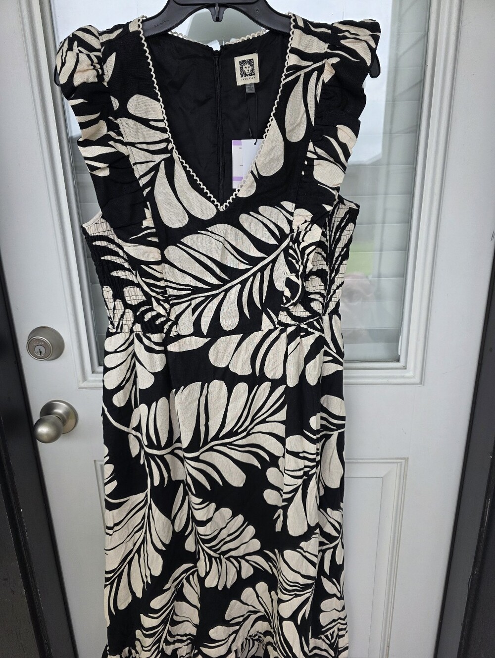 NWT Anne Klein Black Ivory Tropical Leaf Midi Dress Ruffle Sleeve Size 6 $149 - Picture 3 of 9